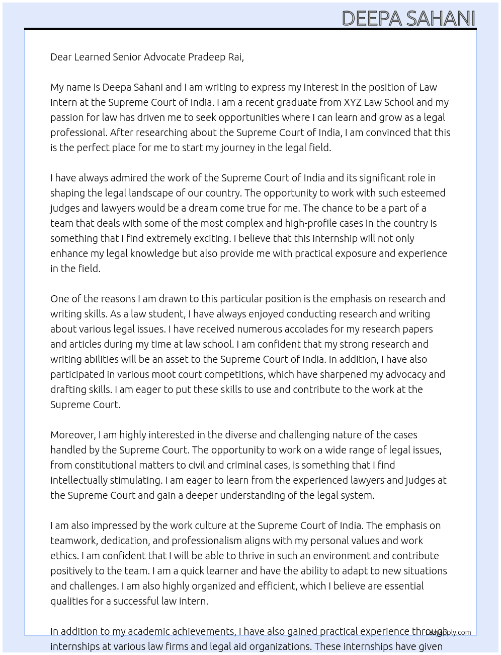 Law intern At Supreme Court of India Cover Letter