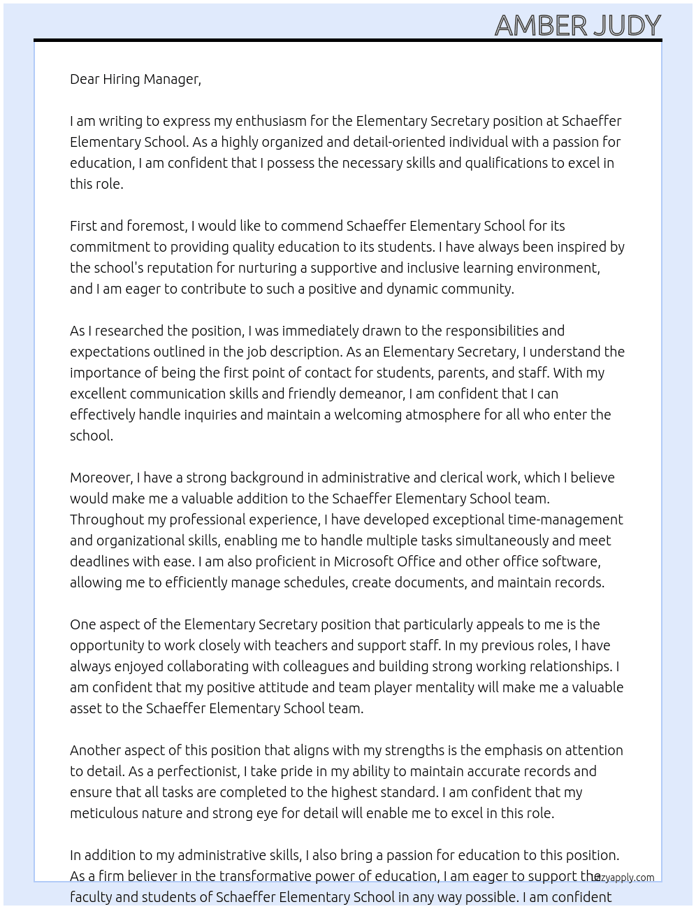 Elementary Secretary At Schaeffer Elementary School Cover Letter