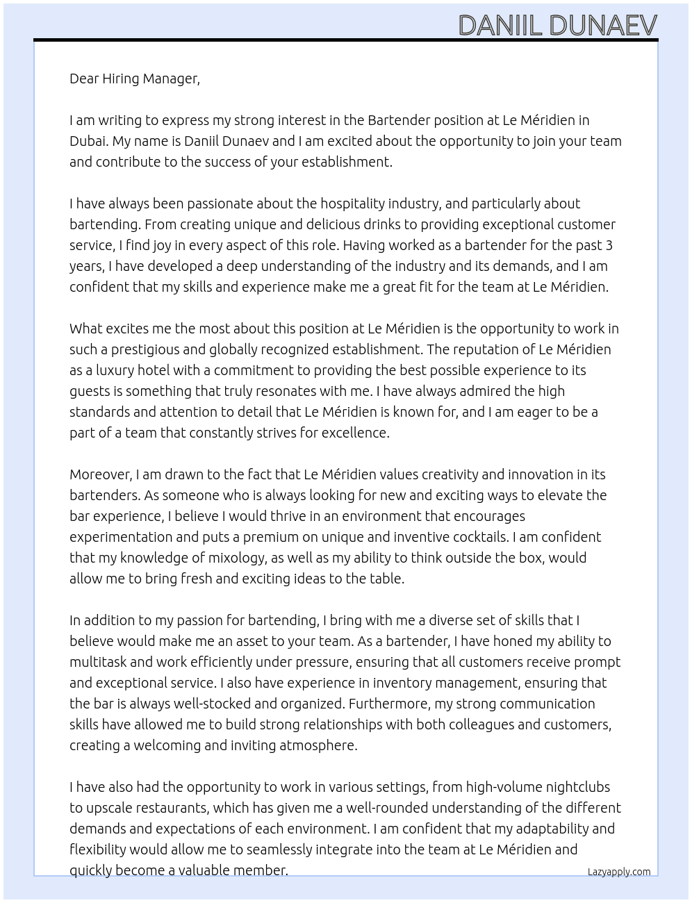 Bartender At Le Méridien Cover Letter