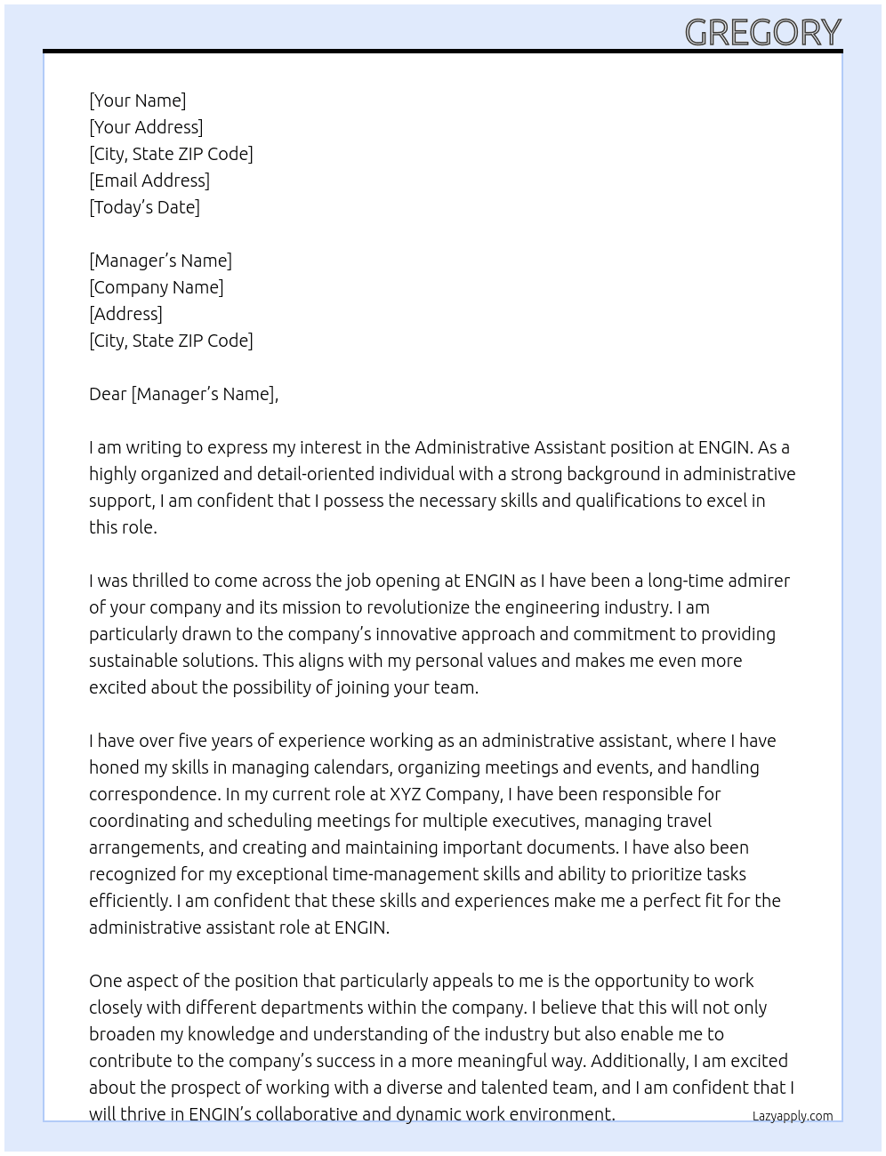 Administrative Assistant At ENGIN Cover Letter