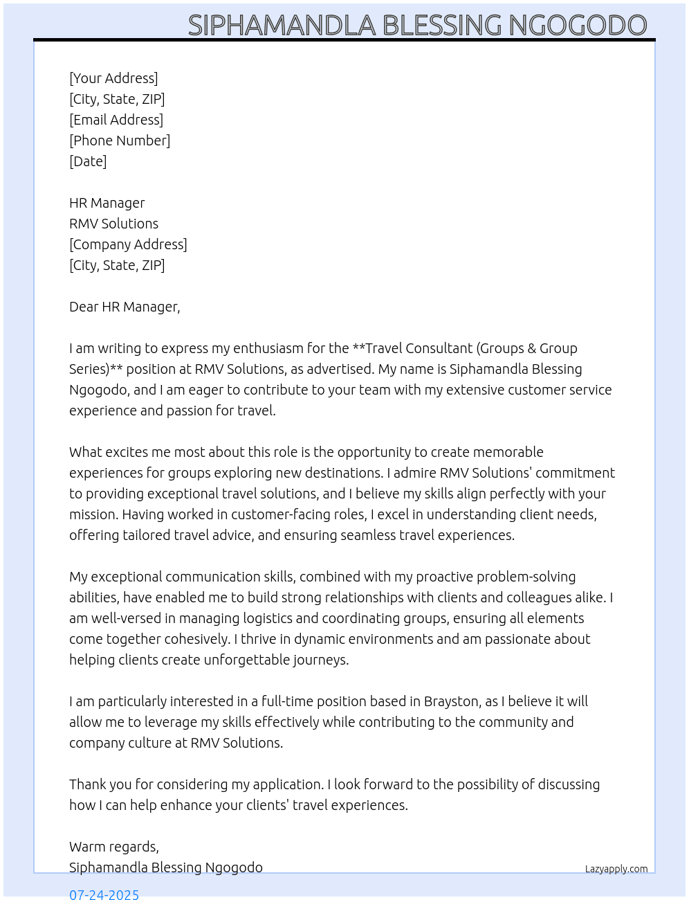Travel Consultant (Groups & Group Series) At RMV Solutions Cover Letter