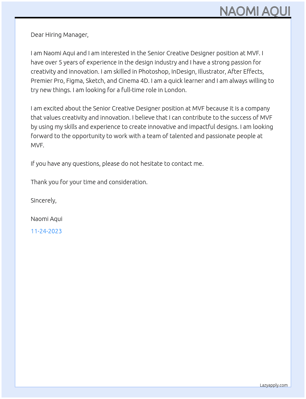 Senior Creative Designer At MVF Cover Letter