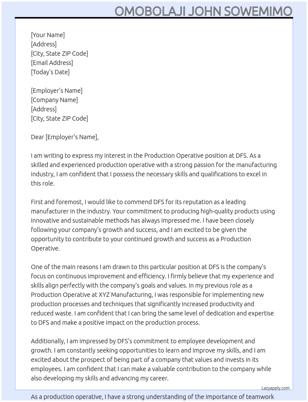 Production operative  At Dfs Cover Letter