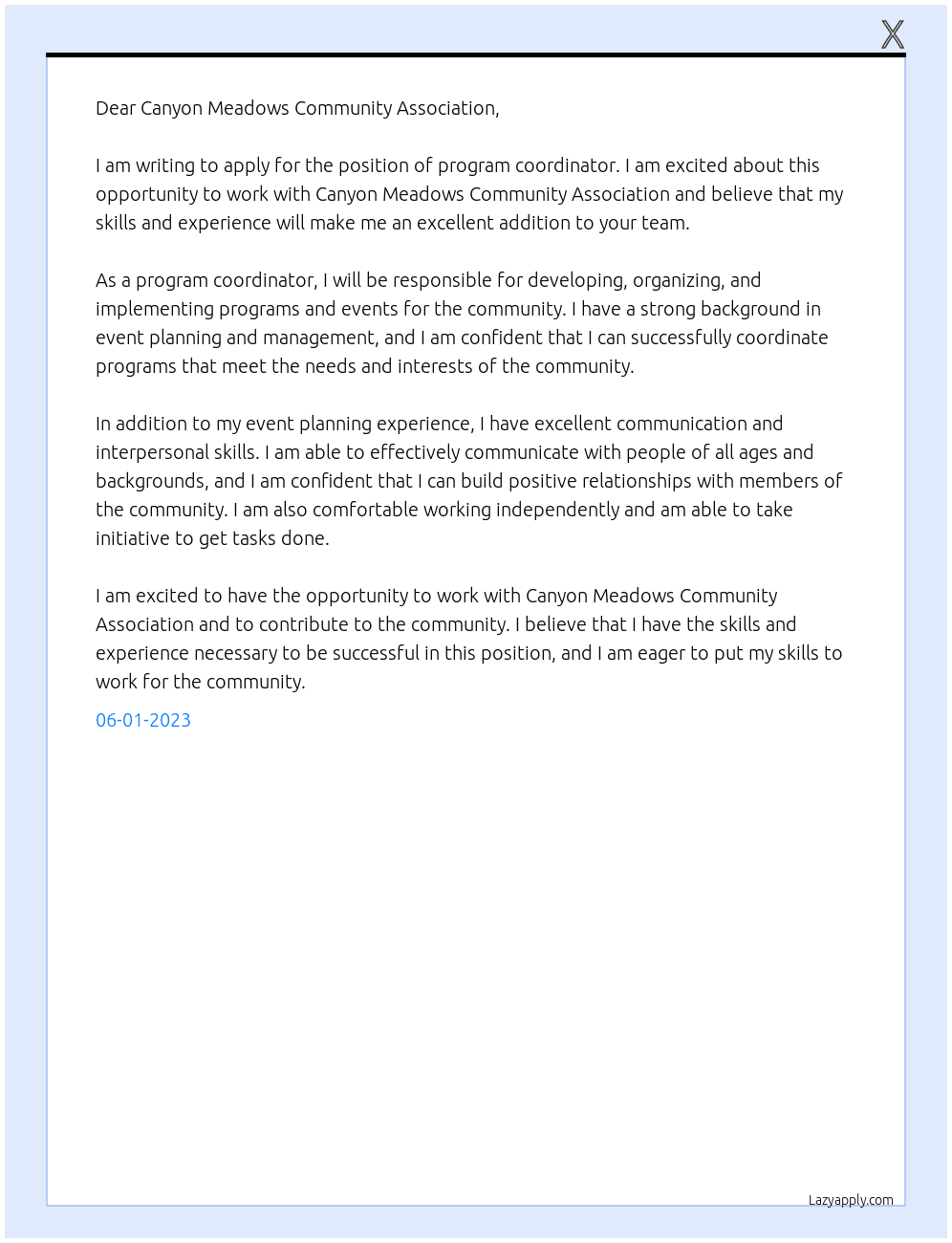 program coordinator At canyon meadows community association Cover Letter