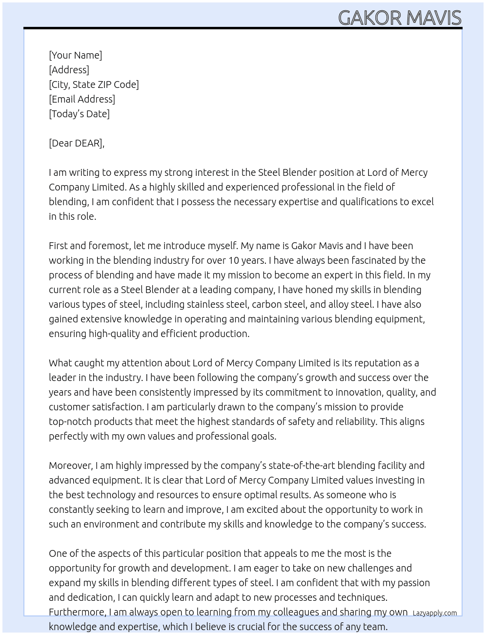 Cover letter for steel blender - LazyApply