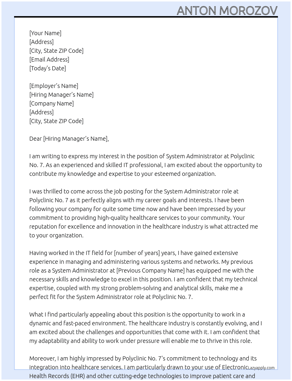 System administrator At Polyclinic No. 7 Cover Letter