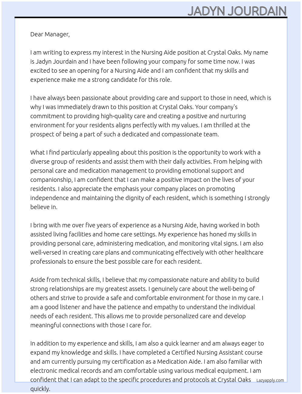 Nursing Aide At Crystal Oaks Cover Letter