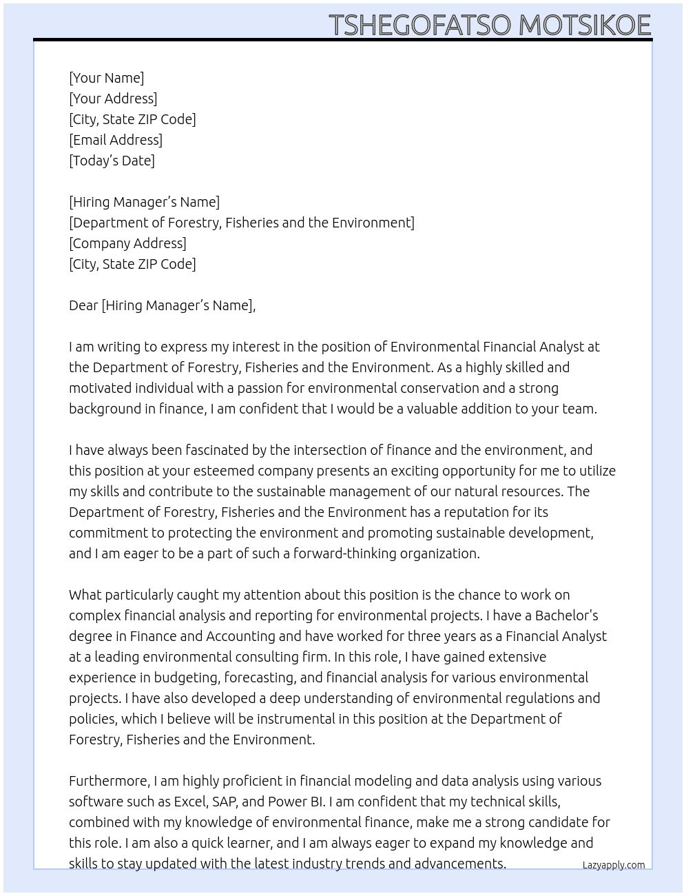 Cover letter for environmental financial analyst - LazyApply