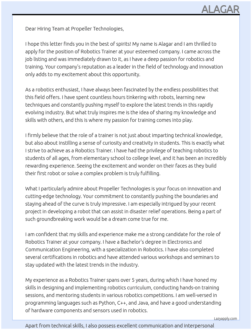 ROBOTICS TRAINER At  PROPELLER TECHNOLOGIES Cover Letter