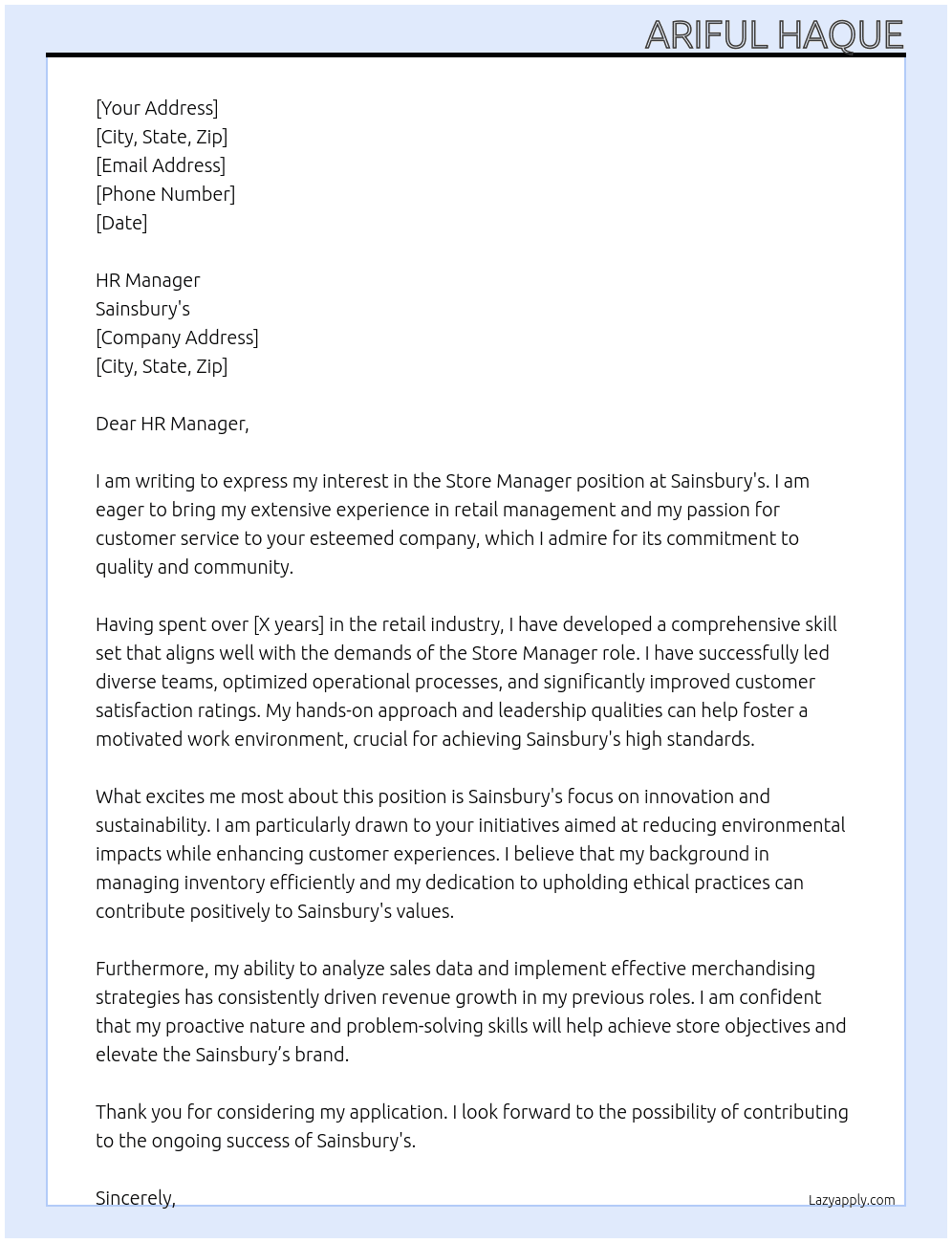 Store Manager At Sainsburys Cover Letter