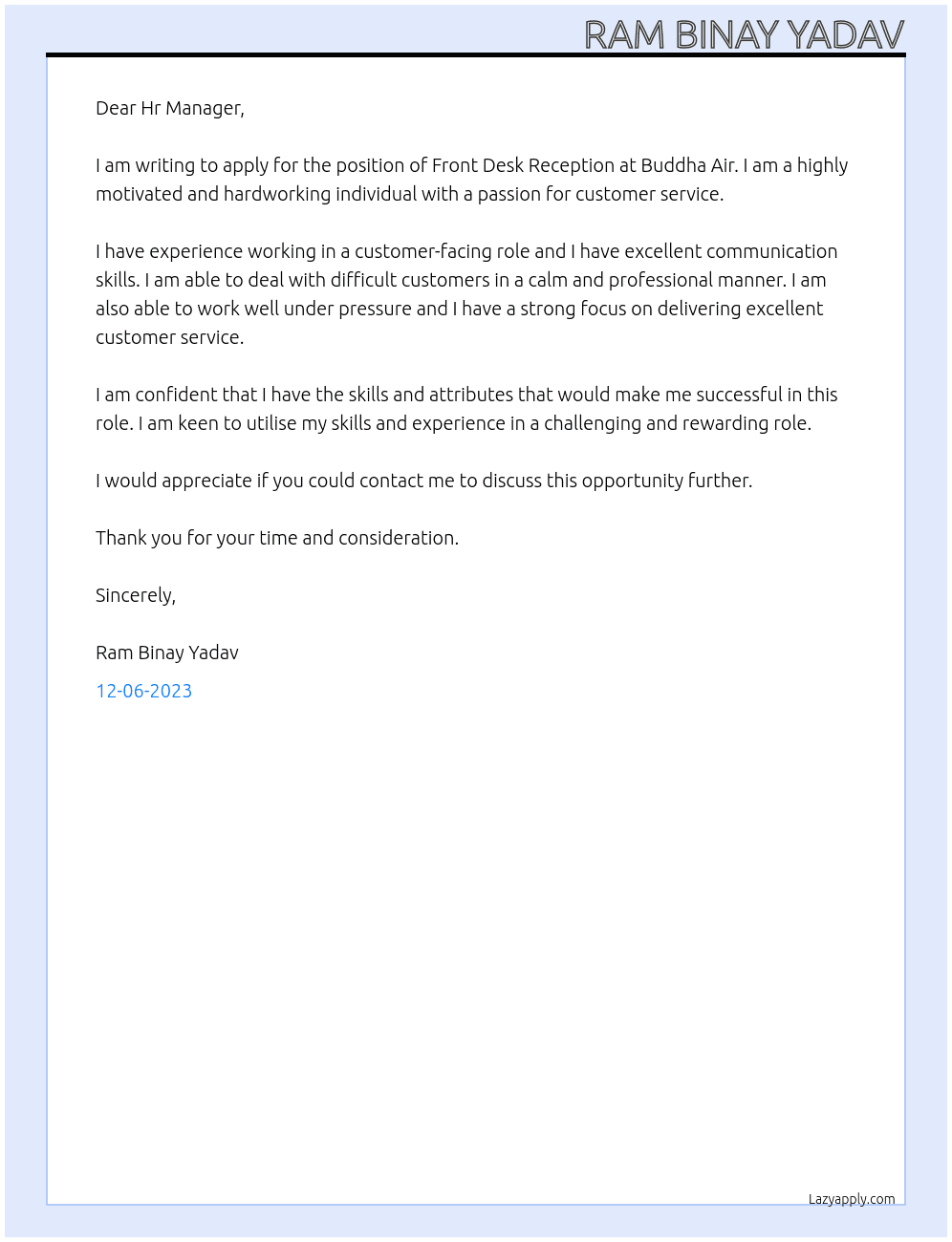 Front Desk Reception At Buddha Air Cover Letter