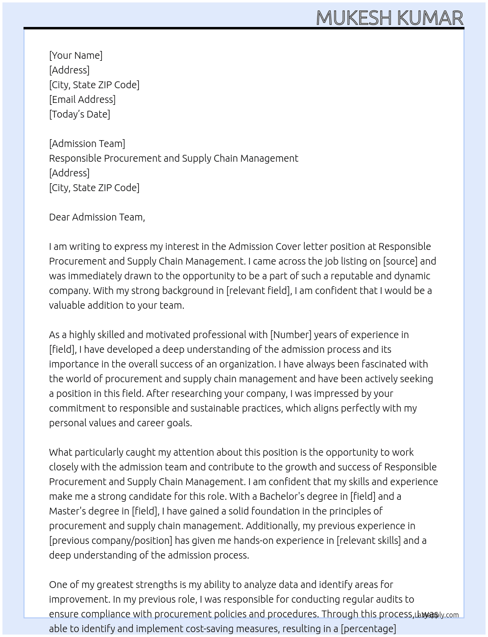 Admission Cover letter At  Responsible Procurement and Supply Chain Management Cover Letter