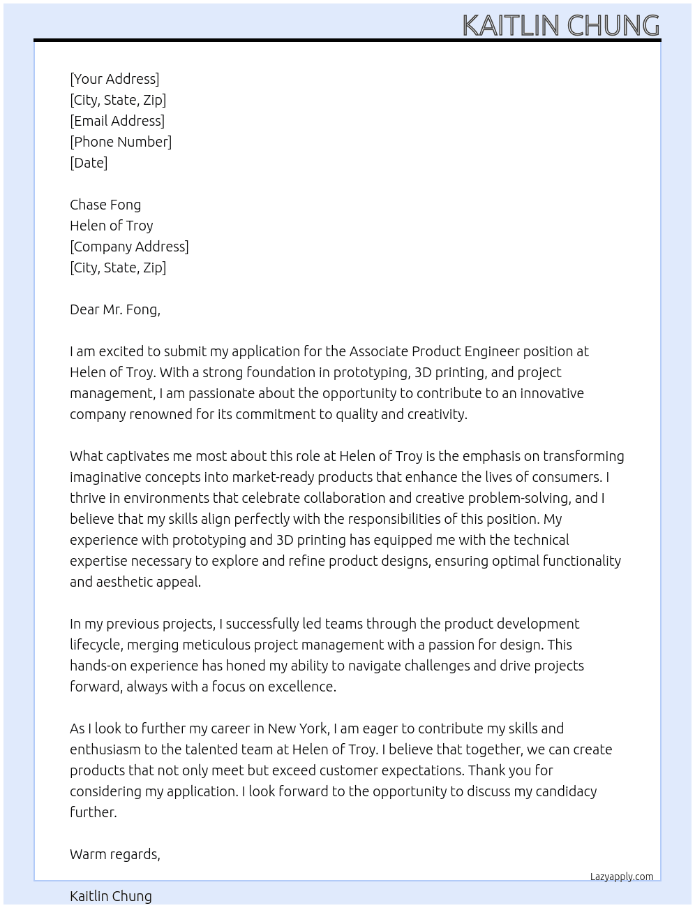  Associate Product Engineer At Helen of Troy Cover Letter