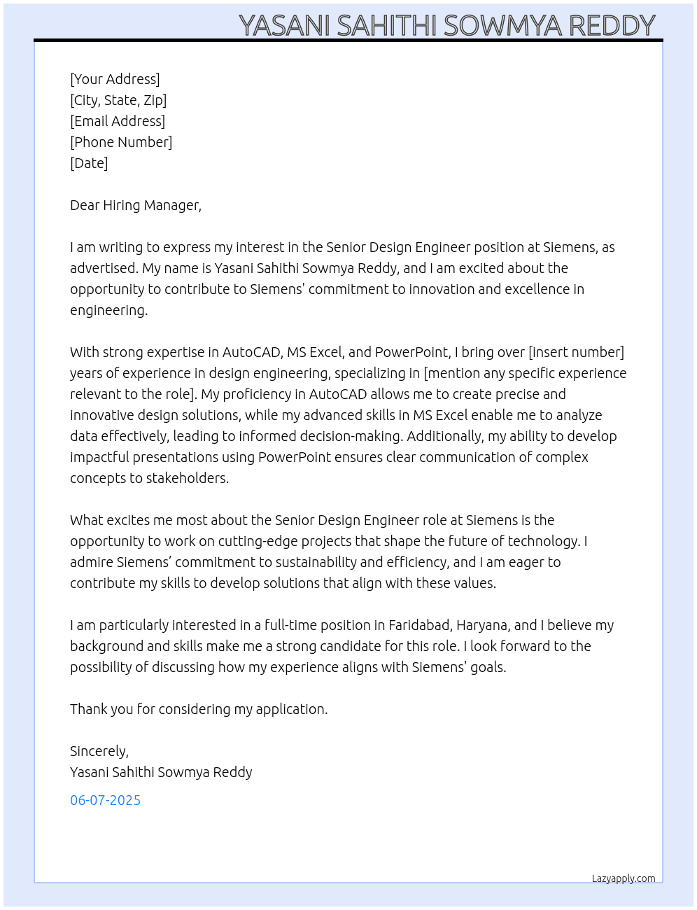 senior design engineer At simens Cover Letter