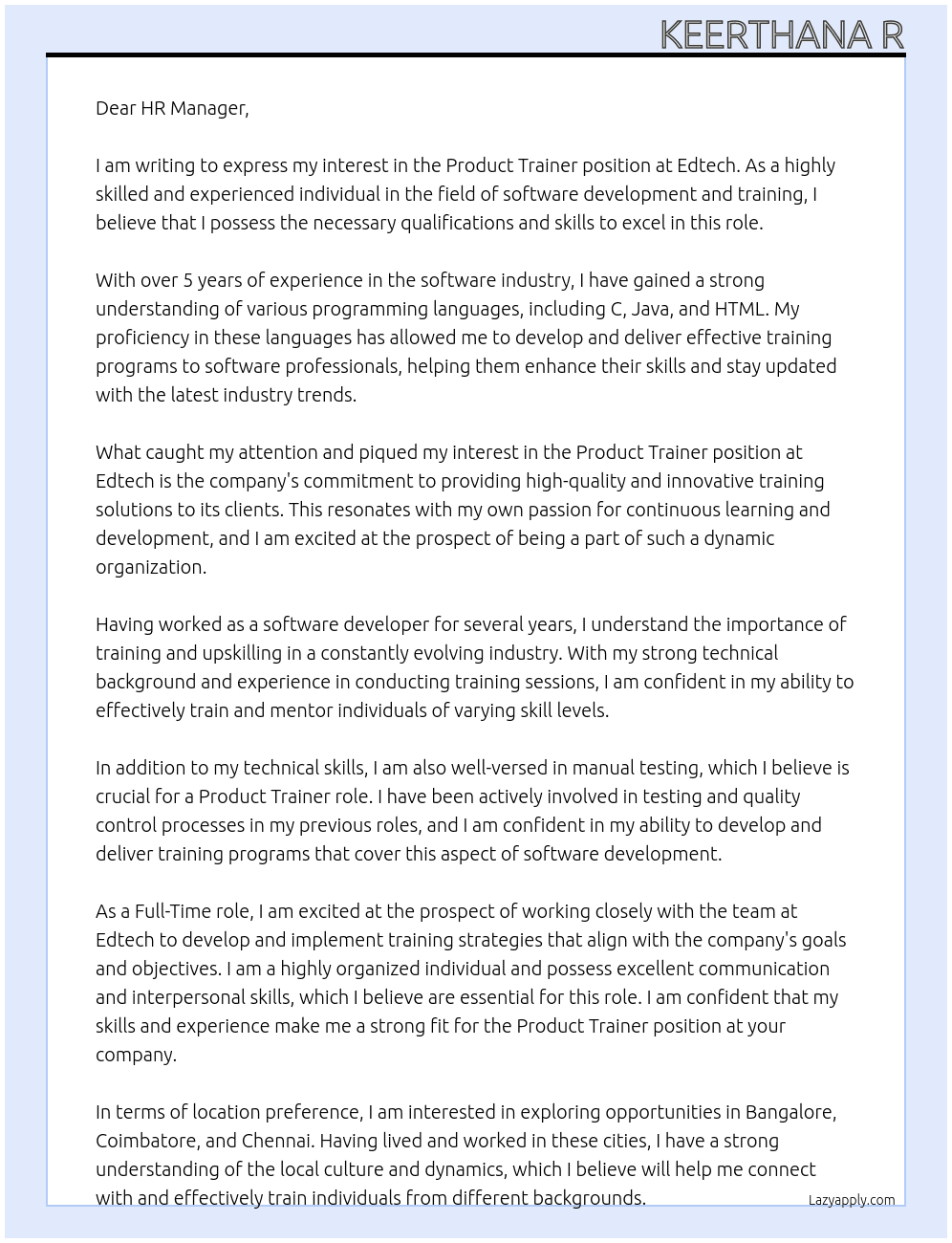 Product Trainer At Edtech  Cover Letter