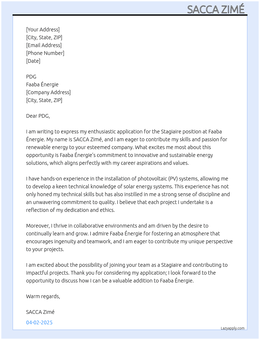 Cover letter for stagiaire - LazyApply