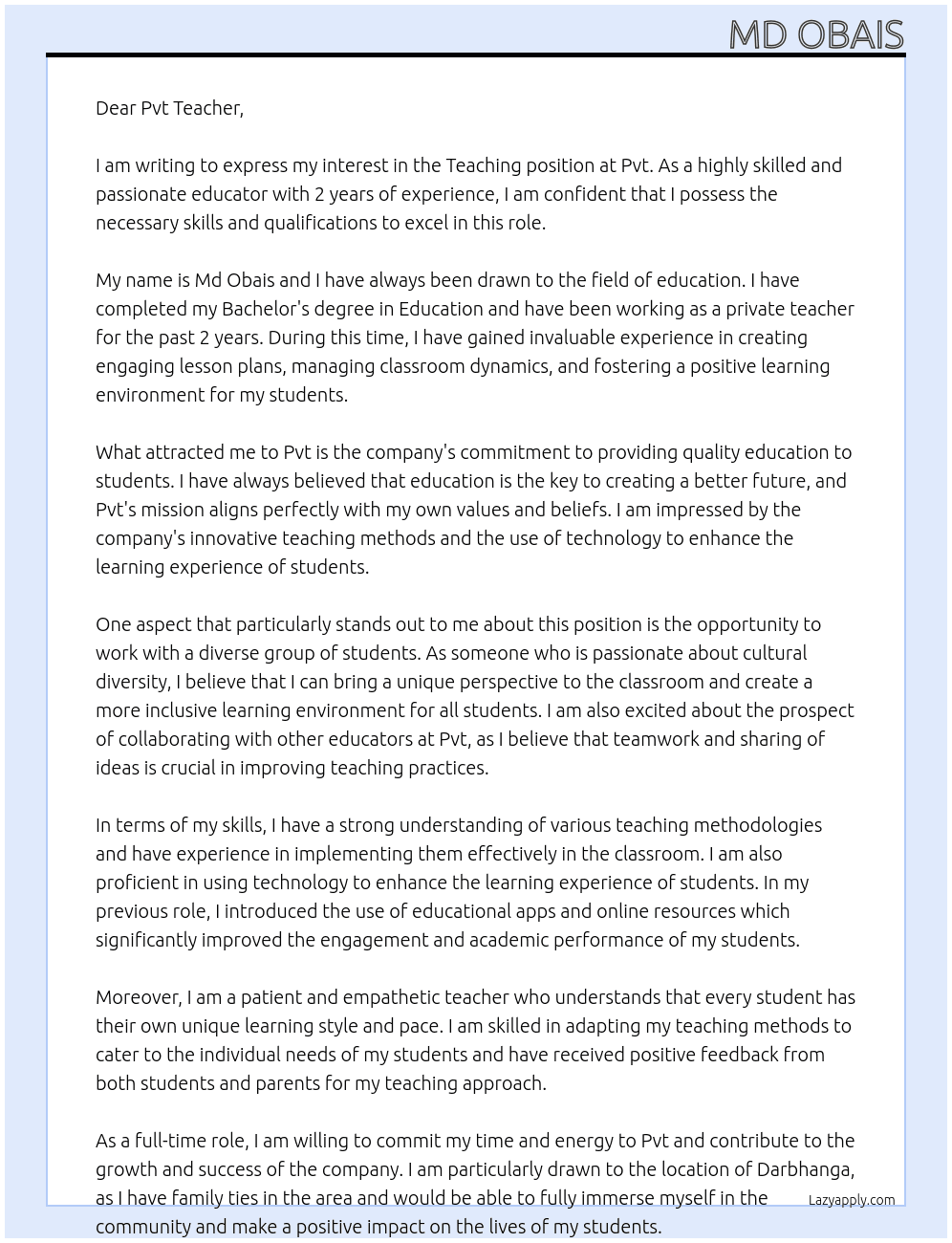 Teaching  At Pvt  Cover Letter