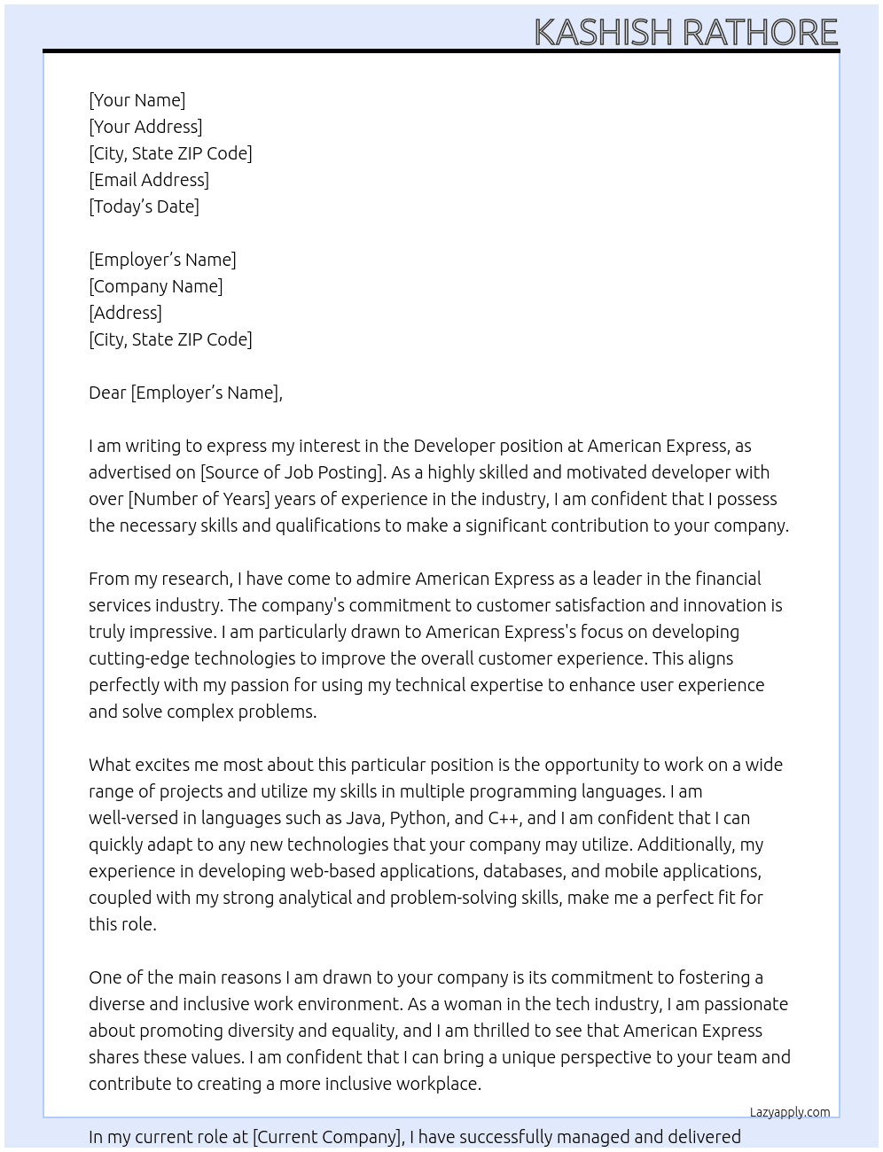 developer  At amercian express Cover Letter