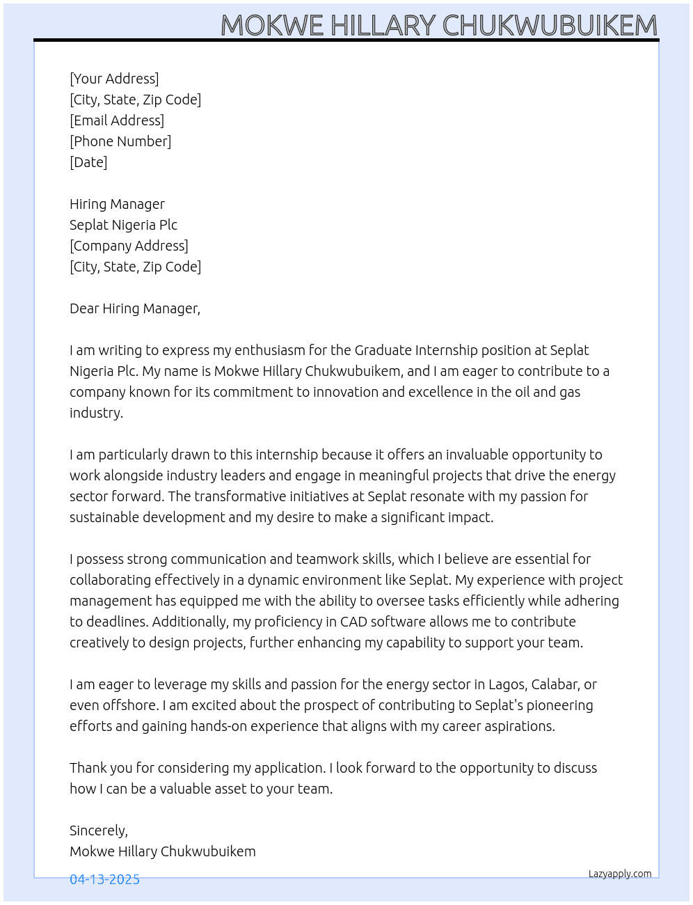 Graduate Internship At Seplat Nigeria Plc. Cover Letter