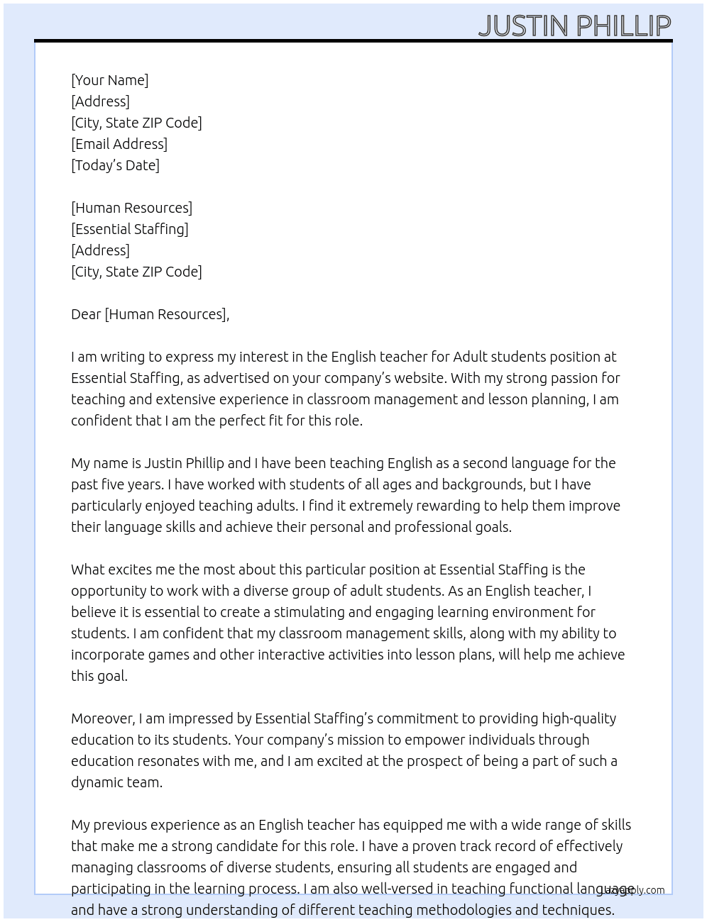 English teacher Adult students  At Essential staffing  Cover Letter