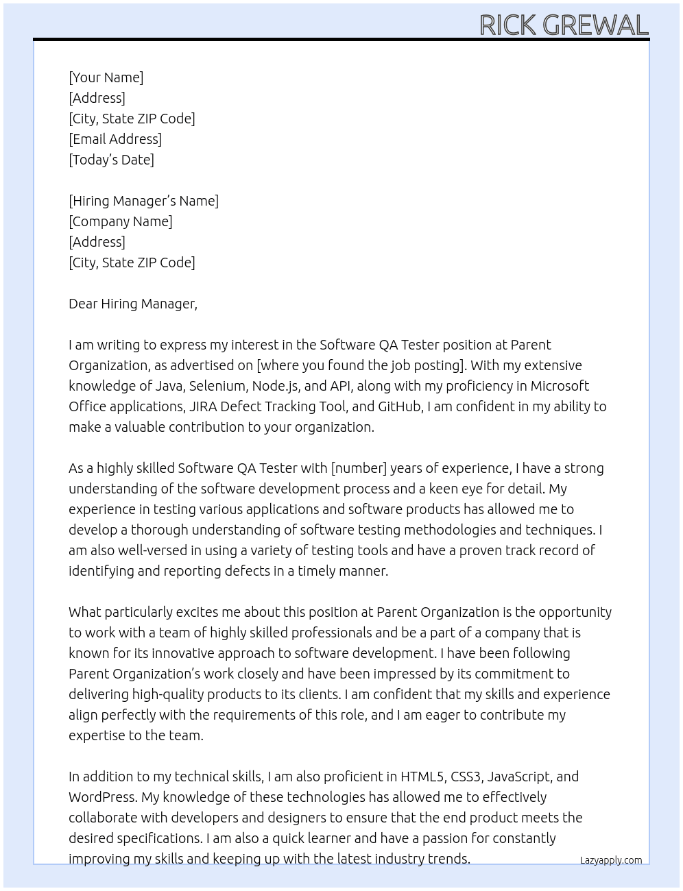 Software QA Tester At Parent Organization Cover Letter