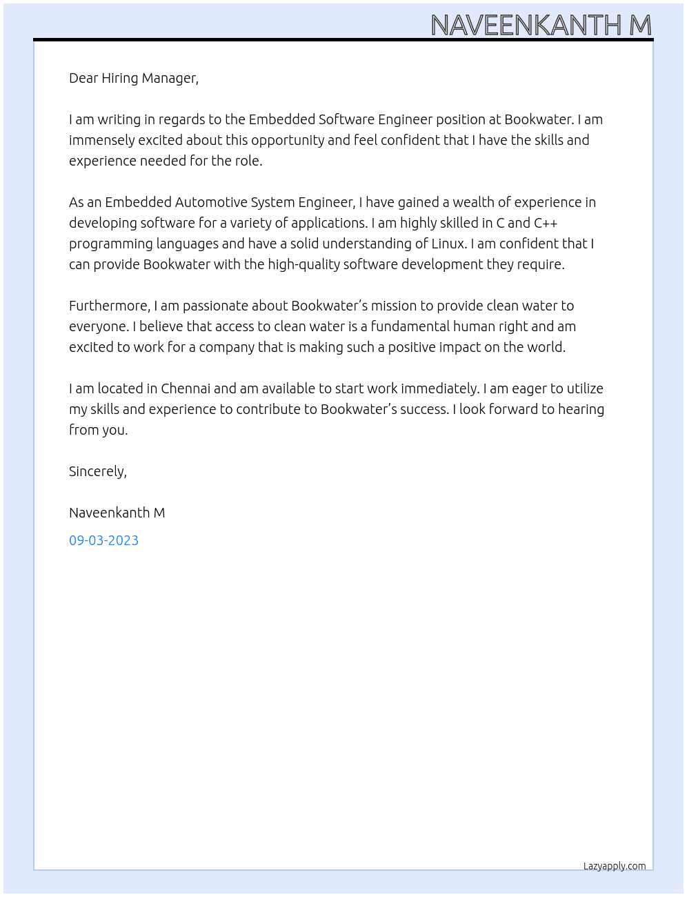 Embedded Software Engineer At Bookwater Cover Letter