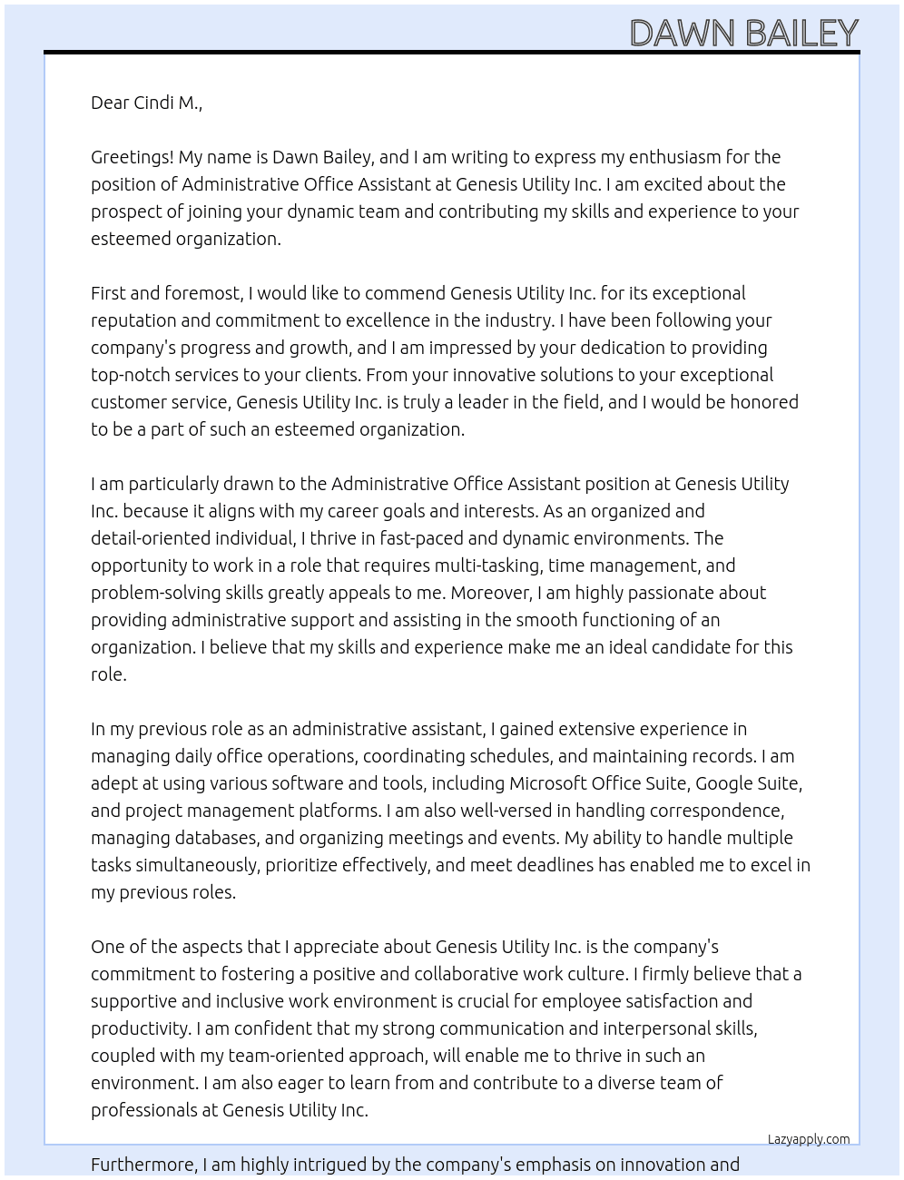 Administrative Office Assistant At Genesis Utility  Inc. Cover Letter