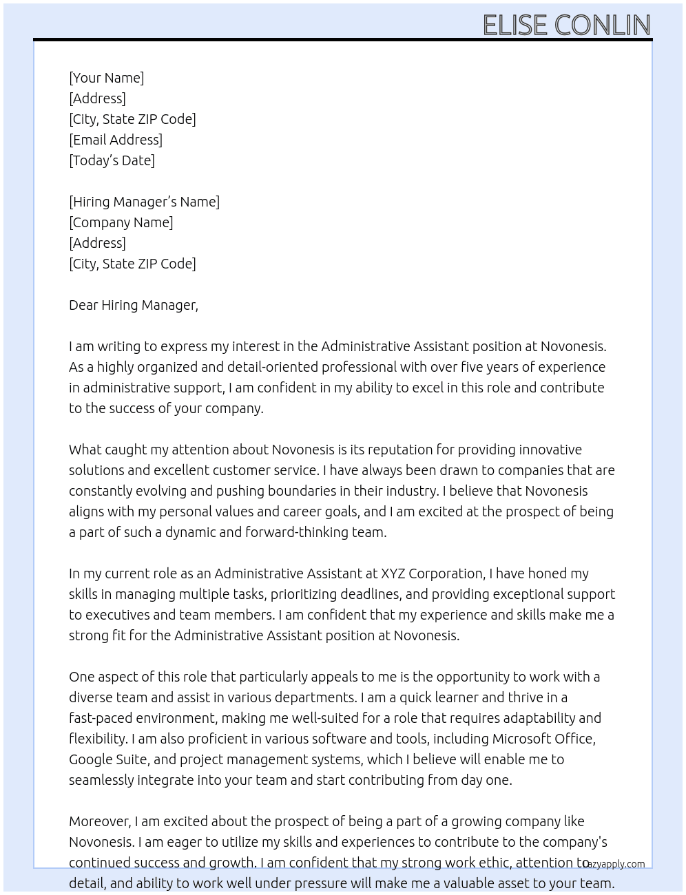Administrative Assistant At Novonesis Cover Letter