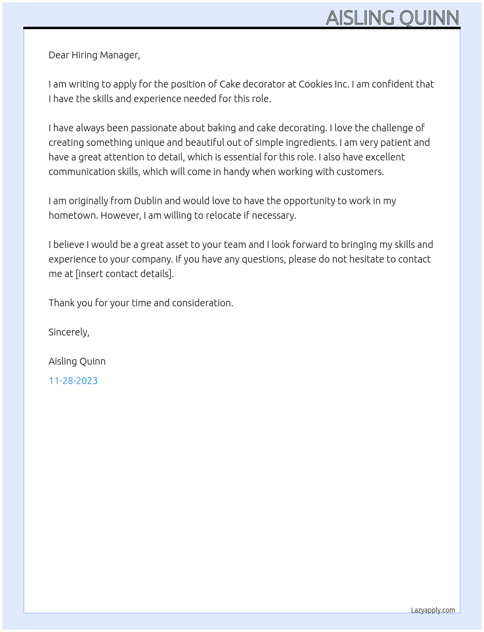 Cake decorator At Cookies Inc Cover Letter
