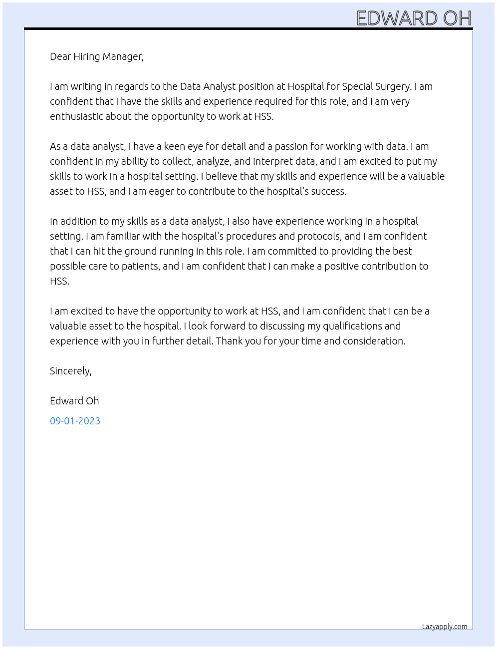 Data Anlyst for surgery hospital At Hospital for Special Surgery Cover Letter