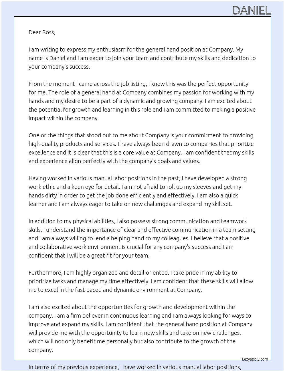 general hand At Company  Cover Letter
