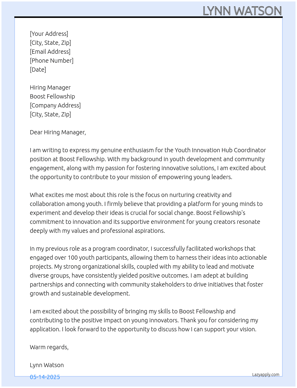 Youth Innovation Hub Coordinator  At Boost Fellowship Cover Letter