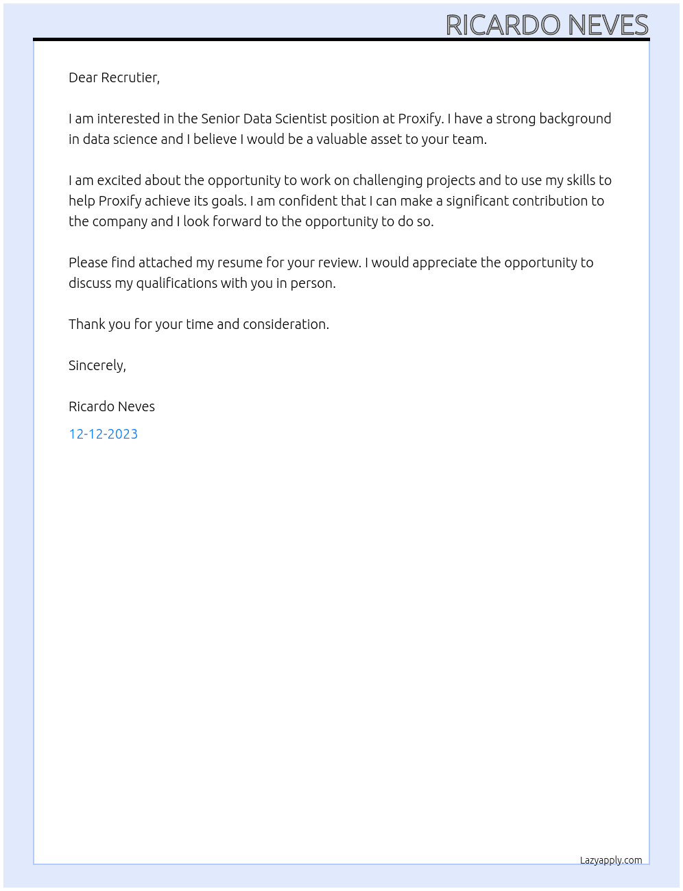 Senior Data Scientist At Proxify  Cover Letter