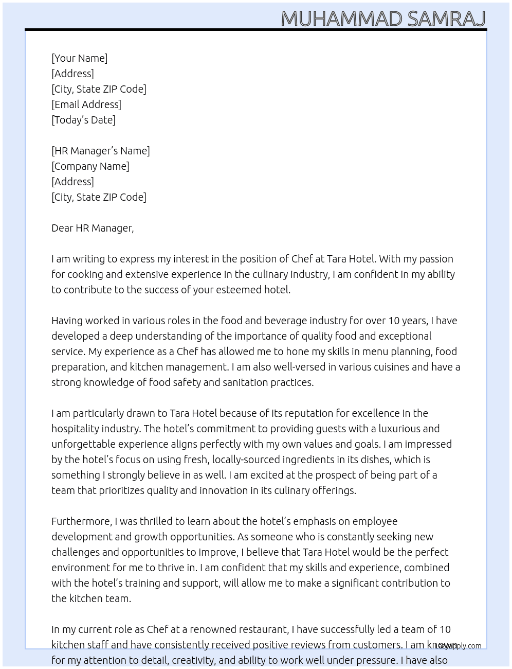 Chef At Tara Hotel Cover Letter