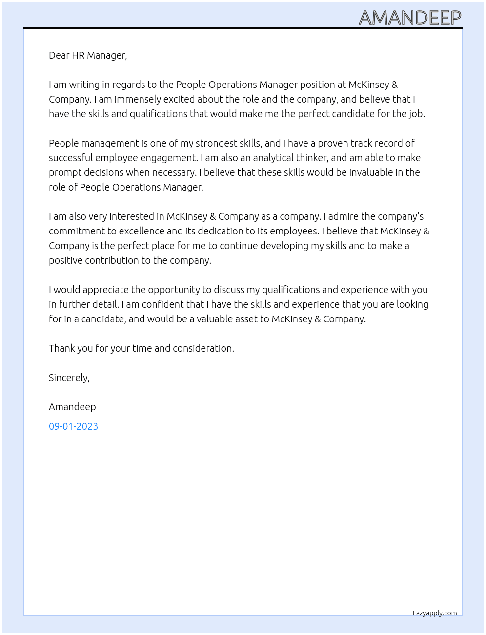 People operations manager  At McKinsey & company  Cover Letter