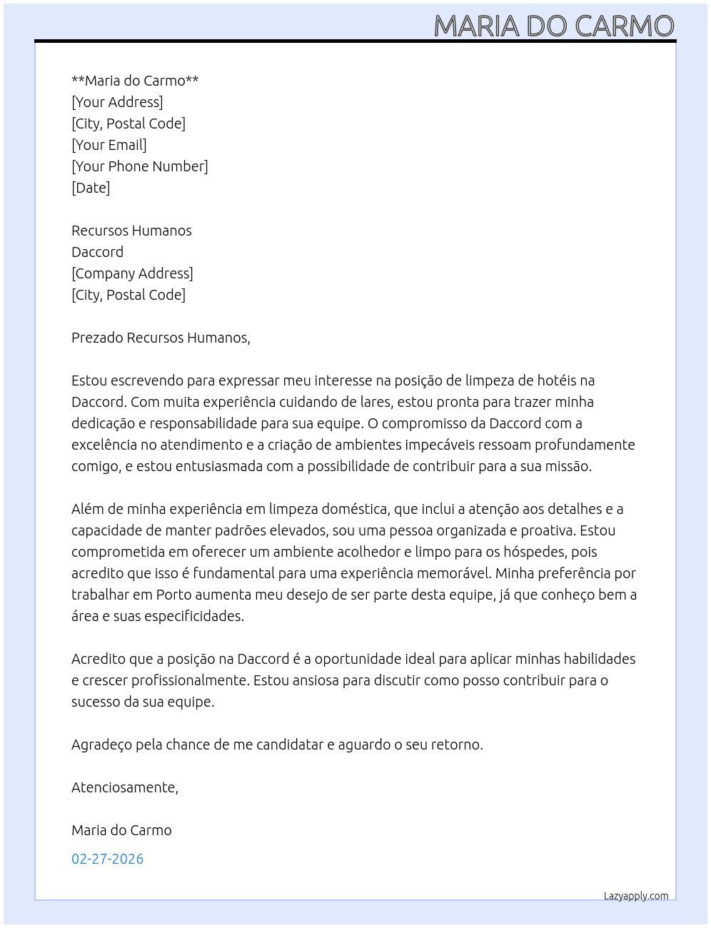 limpeza de hotéis At Daccord Cover Letter