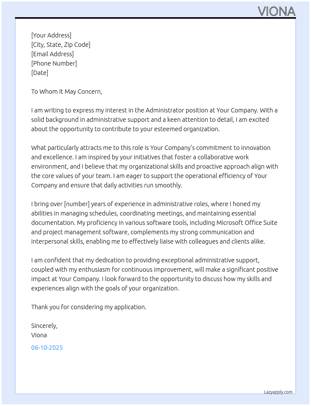 Administrator At Your company Cover Letter