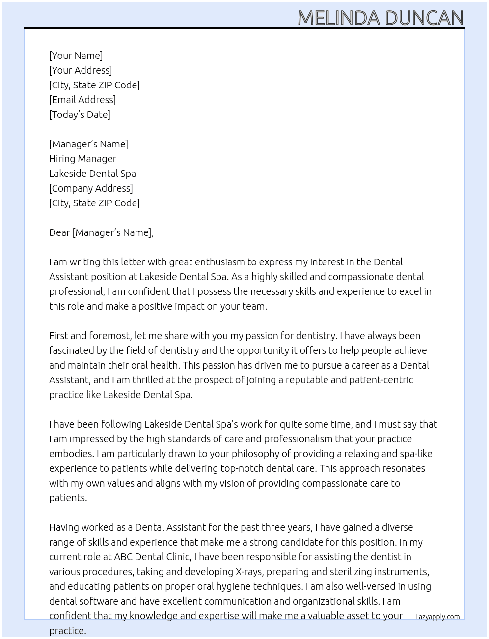Dental Assistant At Lakeside Dental Spa Cover Letter