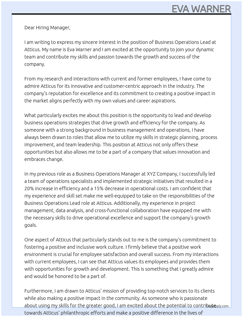 Business Operations Lead At Atticus Cover Letter