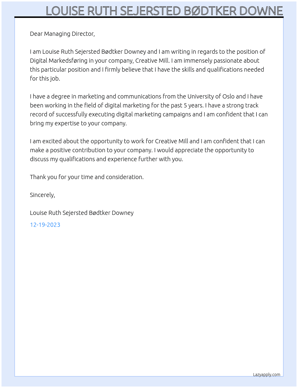 Digital Markedsføring At Creative Mill Cover Letter