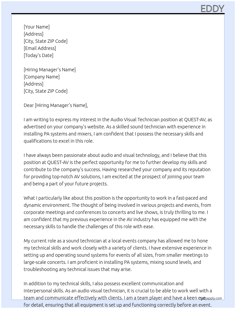 Audio visual technician  At QUEST-AV Cover Letter