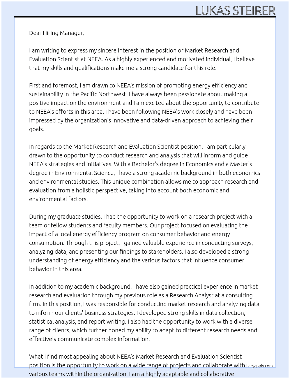 Market Research and Evaluation Scientist At NEEA Cover Letter