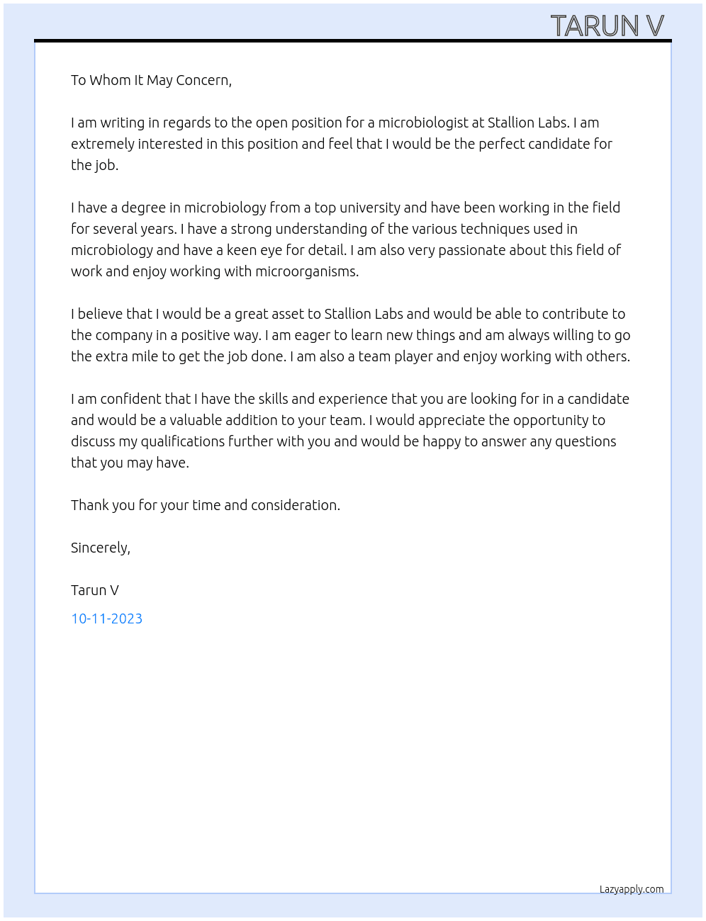 Microbiologist  At Stallion Labs  Cover Letter