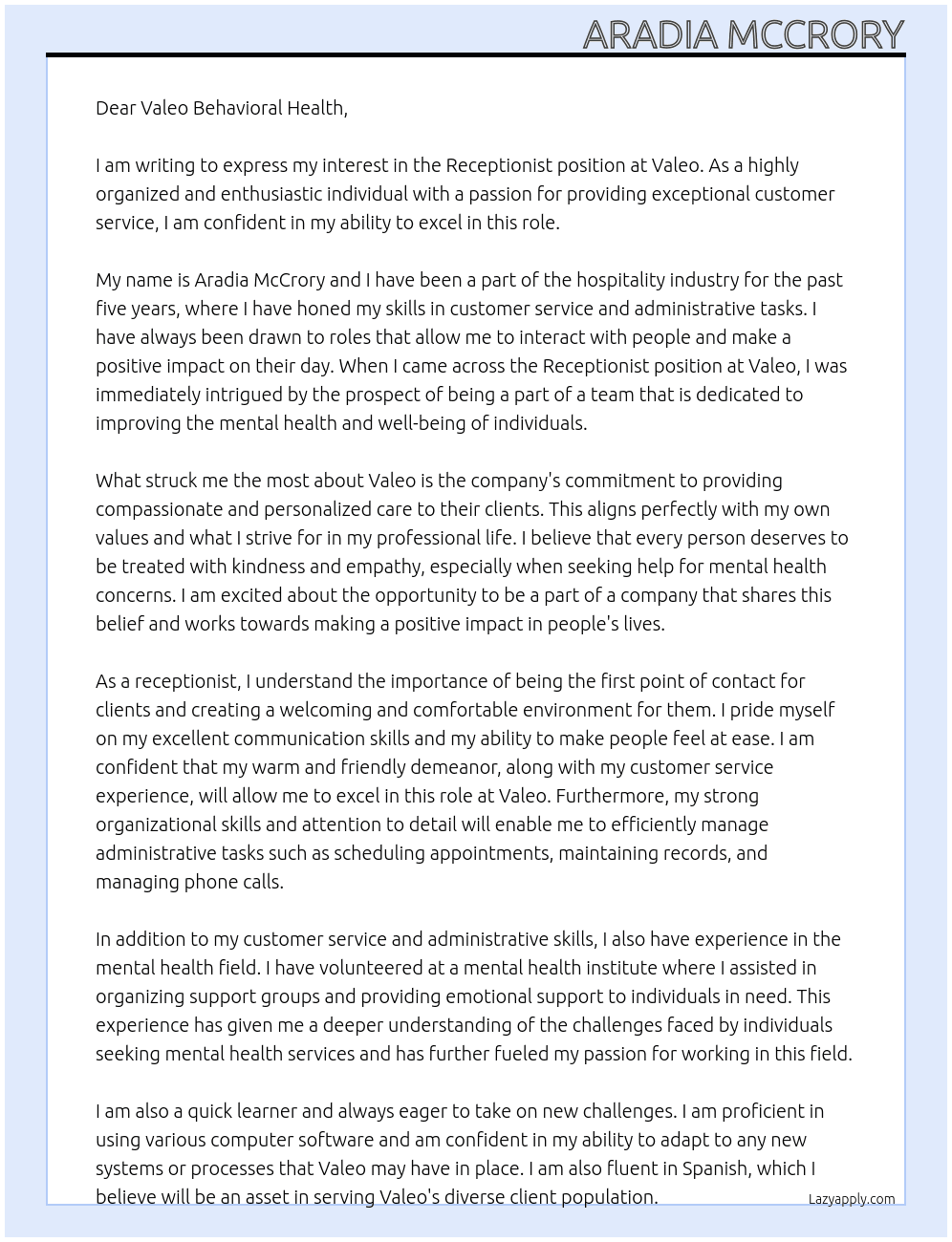 Receptionist At Valeo Cover Letter