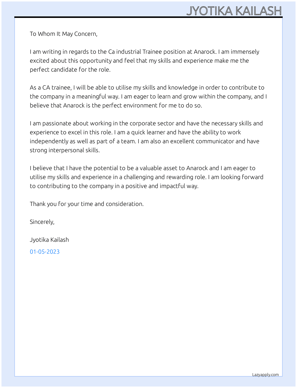 Ca industrial Trainee  At Anarock Cover Letter