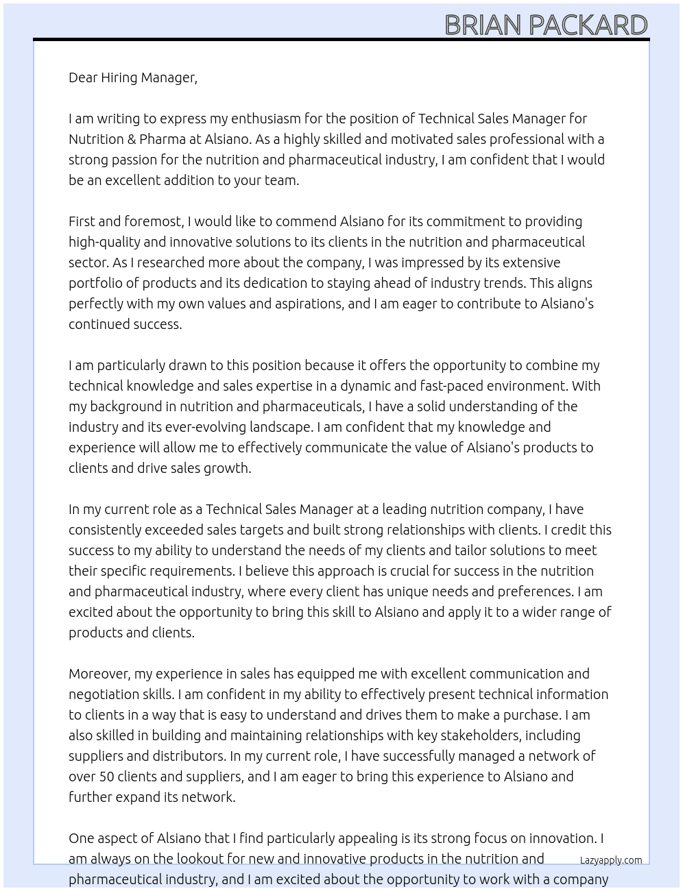 Technical Sales Manager, Nutrition & Pharma At Alsiano Cover Letter
