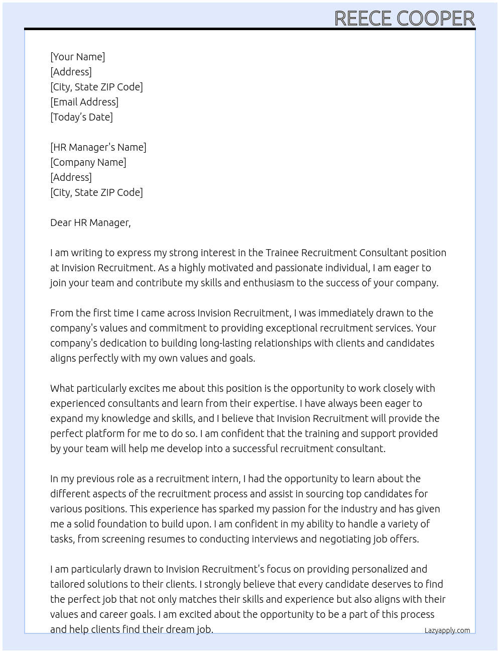 Trainee Recruitment Consultant At Invision Recruitment Cover Letter