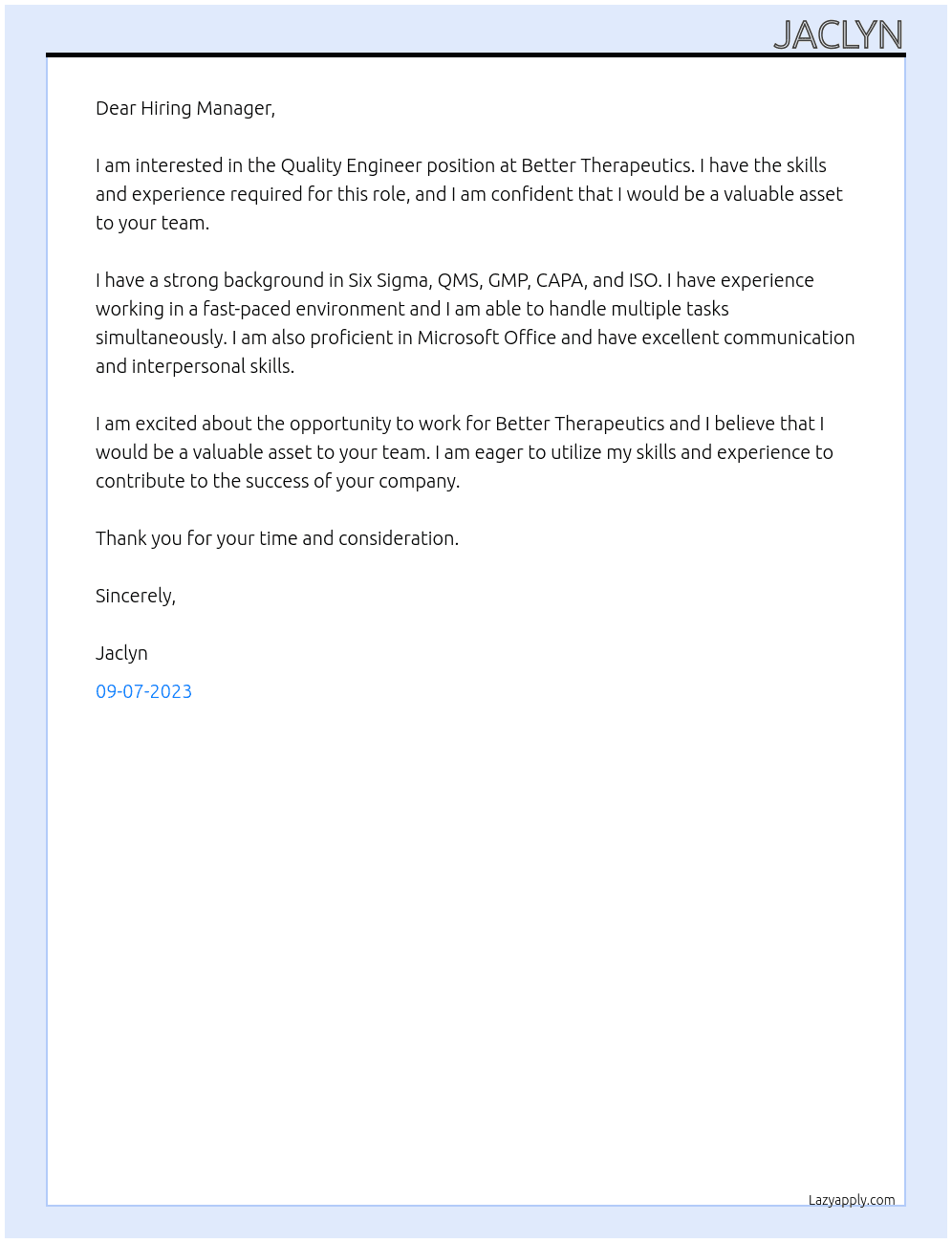Quality Engineer At Better Therapeutics Cover Letter