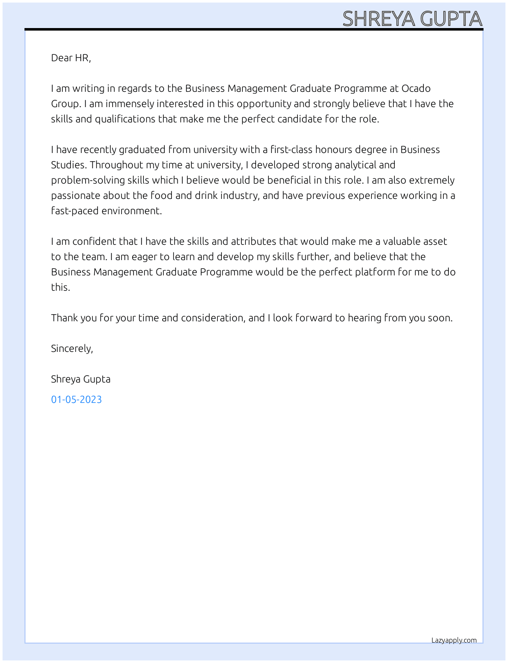 Business management Graduate programme  At Ocado Group Cover Letter