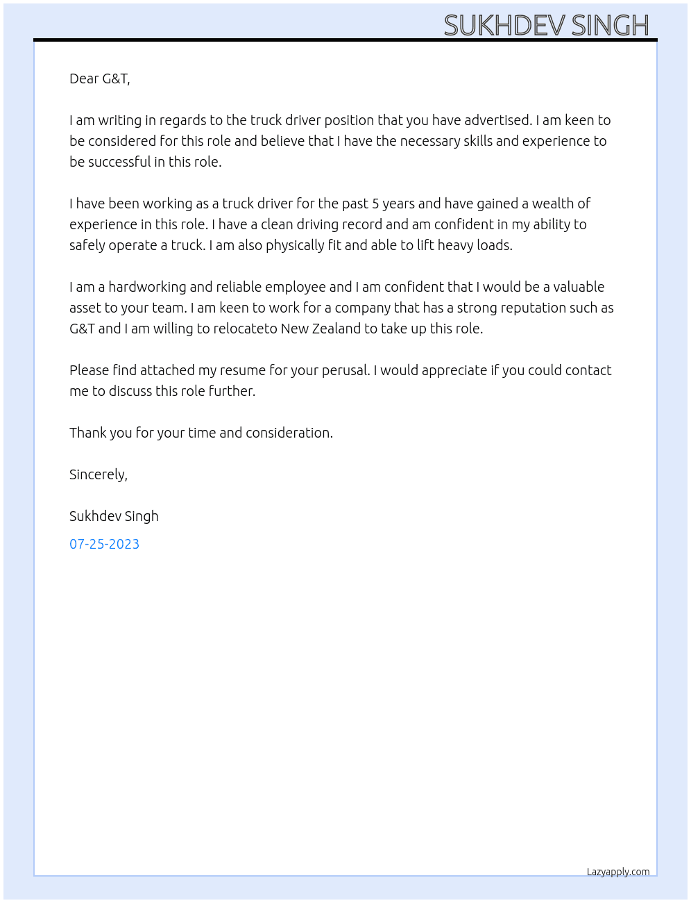 Truck driver  At G&T Cover Letter